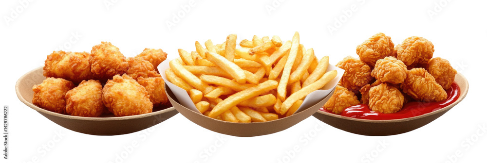 Crispy Chicken Nuggets and French Fries Served with Ketchup in a Casual Dining Setting on transparent background Crispy Chicken Nuggets and French Fries Served with Ketchup in a Casual Dining Setting on transparent background