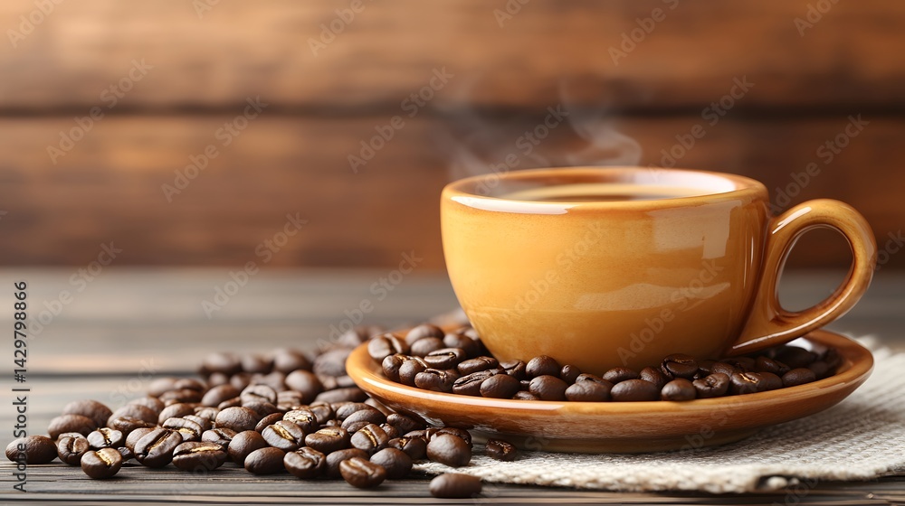 Fototapeta premium Warm Coffee Cup with Roasted Beans on Wooden Table