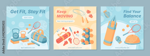 Trendy flat fitness banner with gym equipment set. Includes workout gear like kettlebell, dumbbell, racket, and mat. Perfect for training, healthy lifestyle promotion, and sport designs. Vibrant