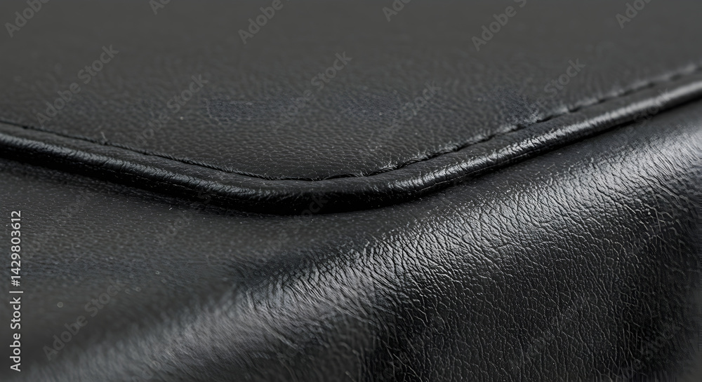 Close Up Of Stitched Dark Material With Realistic Leather Texture Pattern Close Up Of Stitched Dark Material With Realistic Leather Texture Pattern