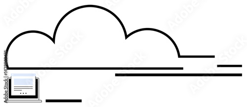 Minimalist cloud structure connected to a laptop with a web page, signifying cloud storage, technology, and online services. Ideal for IT, data transfer, innovation, cybersecurity, remote work