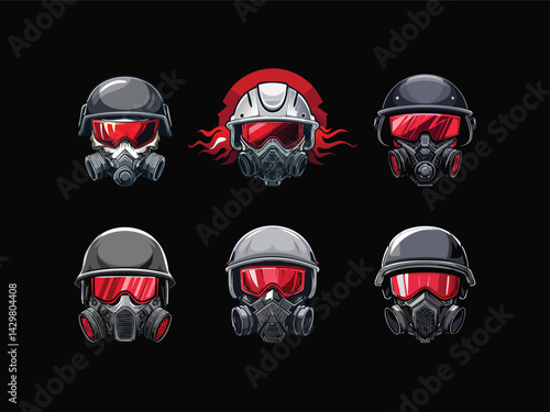 Vector eSport logo of a tactical skull soldier wearing a futuristic helmet with red visor, gas mask, and battle scars