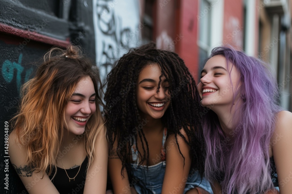 Group of young female friends hanging out in the city. Multiracial young women sitting by the street and having fun.