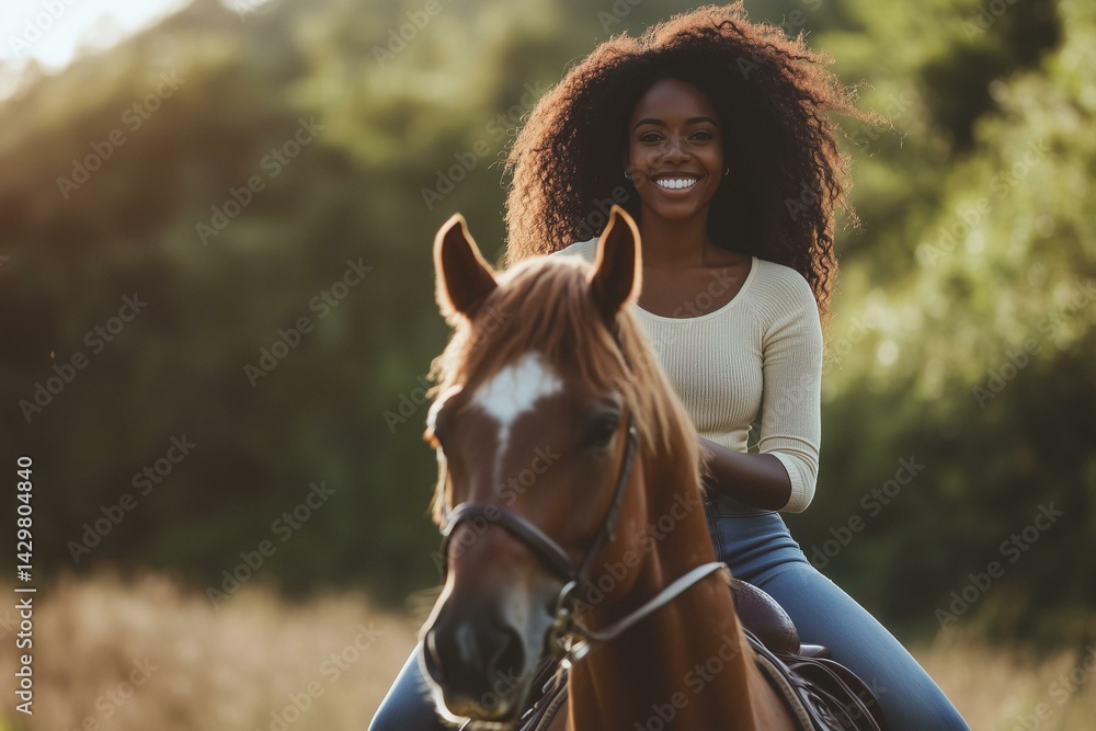 Portrait of smiling black woman riding horse in outdoor country ranch and stroking gently, copy space