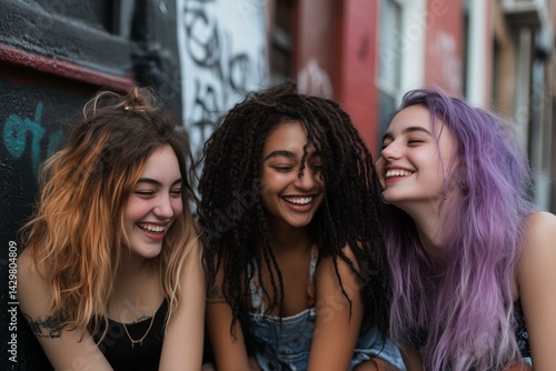 Obraz na płótnie Group of young female friends hanging out in the city. Multiracial young women sitting by the street and having fun. w salonie