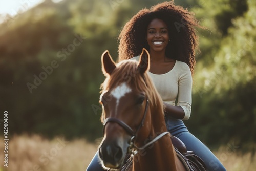 Obraz na płótnie Portrait of smiling black woman riding horse in outdoor country ranch and stroking gently, copy space w salonie