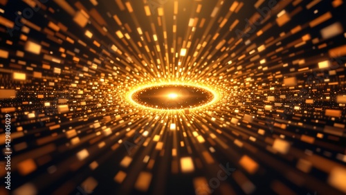 A seamless 4K loop displays a circular formation of radiant, golden particles. These particles intensely shimmer and flare, producing a captivating light effect