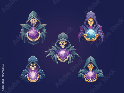 Design a mystical eSport logo featuring a hooded arcane sorcerer holding a floating magical orb fantasy-tech fusion style