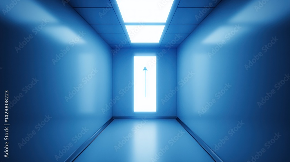 Obraz premium Modern, blue elevator hallway with bright lighting.