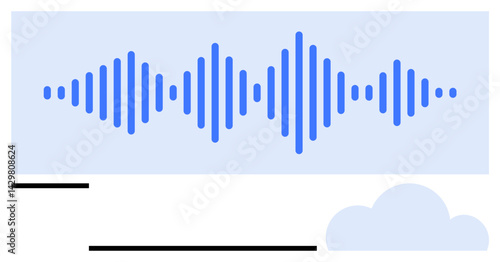 Blue audio waveform representing sound or voice above a cloud icon. Ideal for audio technology, digital sound, cloud computing, communication, storage, streaming, podcasting. Flat simple metaphor