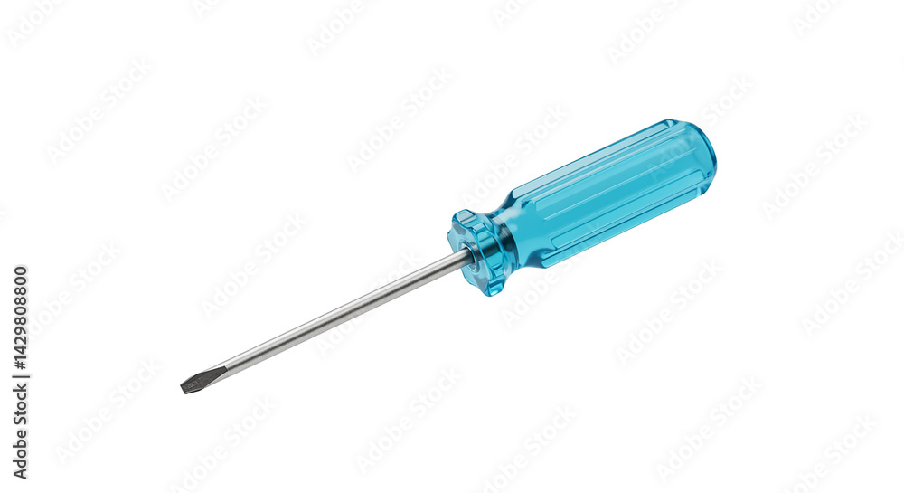 Blue transparent handle screwdriver, metallic shaft, floating, soft drop shadow, isolated for mockup use Blue transparent handle screwdriver, metallic shaft, floating, soft drop shadow, isolated for mockup use