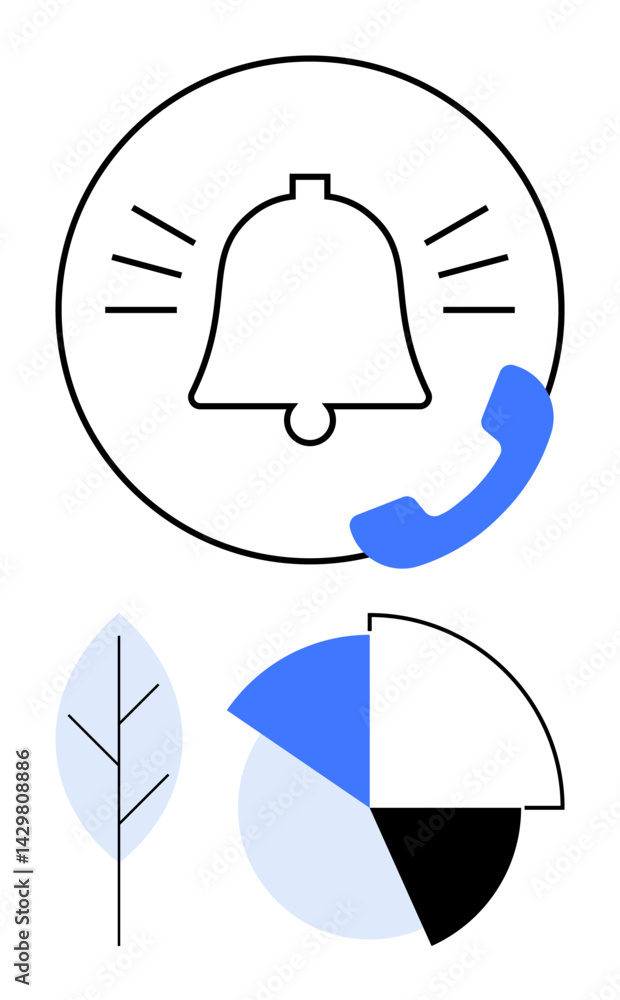 Obraz premium Bell indicating alert with phone receiver, segmented pie chart, and minimalistic leaf. Ideal for communication, organization, notifications, productivity, data analysis, eco-business modern