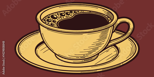 Close up yellow cup of black coffee isolated on dark red background with clipping path. A mug of coffee vector illustration.
