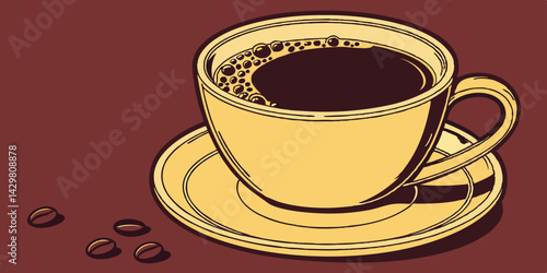 Close up yellow cup of black coffee isolated on dark red background with clipping path. A mug of coffee vector illustration.

