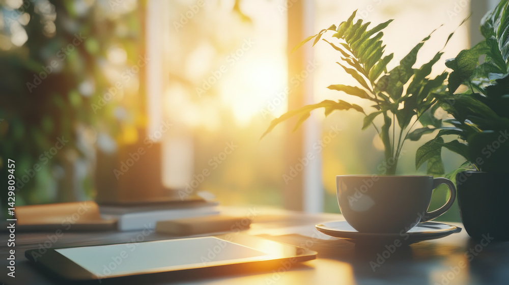 A tablet with a digital contract open sits on a desk next to a coffee cup representing modern document signing with tablet. AI generative A tablet with a digital contract open sits on a desk next to a coffee cup representing modern document signing with tablet. AI generative