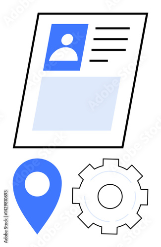 Profile card with user avatar and text, blue location marker, gear cogwheel. Ideal for user profile, settings, location, data management, customization, navigation and a simple landing page