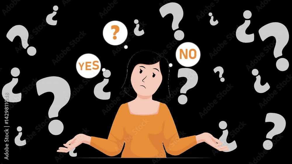 confused woman with question marks, person not knowing what decision to ...