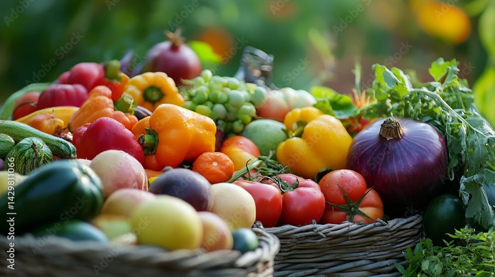 Vibrant Harvest: Colorful Vegetables and Fruits in Rustic Baskets Vibrant Harvest: Colorful Vegetables and Fruits in Rustic Baskets