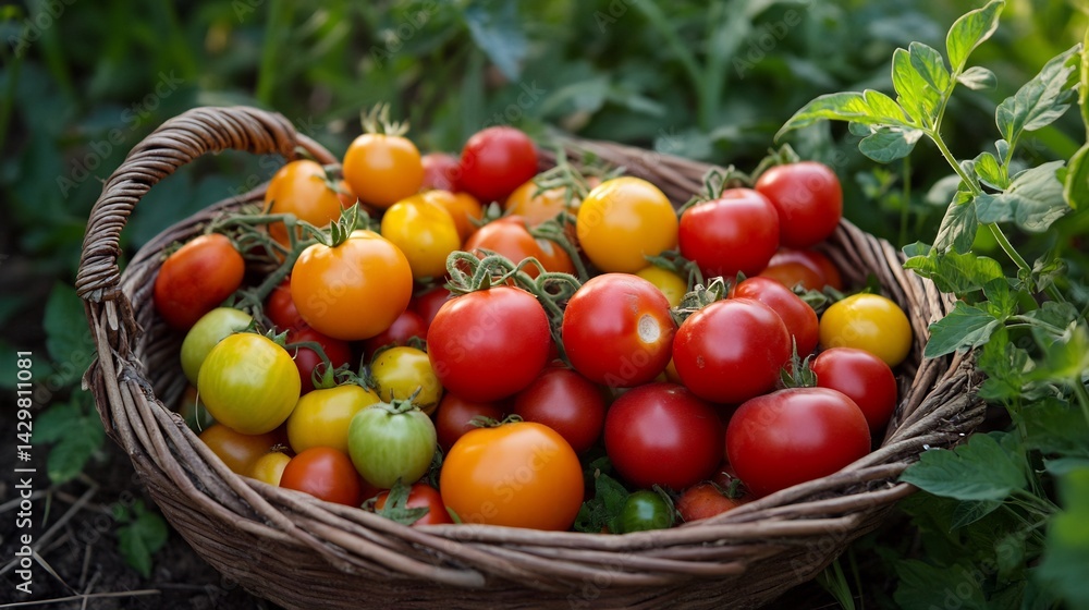 Sun-Kissed Heirloom Tomatoes in Rustic Basket: A Vibrant Harvest Scene Sun-Kissed Heirloom Tomatoes in Rustic Basket: A Vibrant Harvest Scene