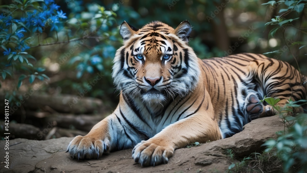 Obraz premium Majestic Blue-Eyed Tiger Close-Up – Vibrant Wildlife Animal Portrait