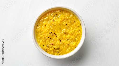 Top down view of Indian moong dal khichdi white bowl on plain white background Soft nutritious rice lentil blend with ghee and cumin comfort food from India cut out on isolated transparent background