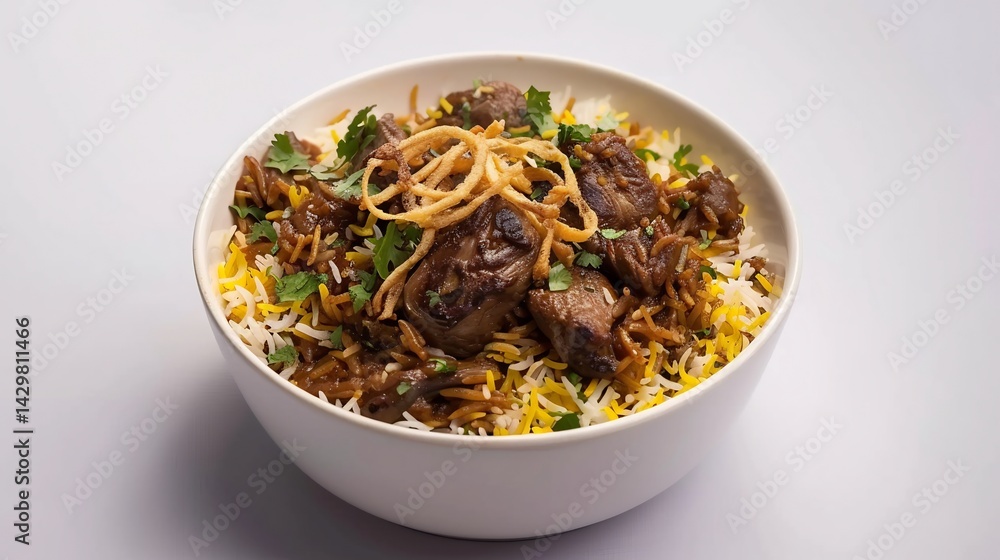 Authentic Hyderabadi biryani captured top down white serving bowl white background Saffron rice meat herb fried onions visible Iconic Indian rice dish Hyderabad cut out isolated transparent background Authentic Hyderabadi biryani captured top down white serving bowl white background Saffron rice meat herb fried onions visible Iconic Indian rice dish Hyderabad cut out isolated transparent background