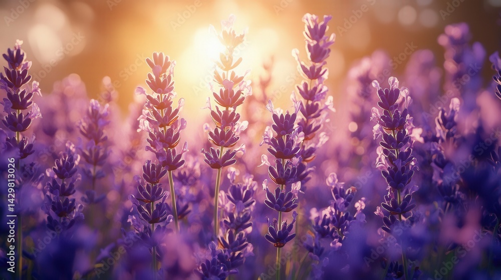 Fototapeta premium Radiant sunset over a vibrant lavender field.