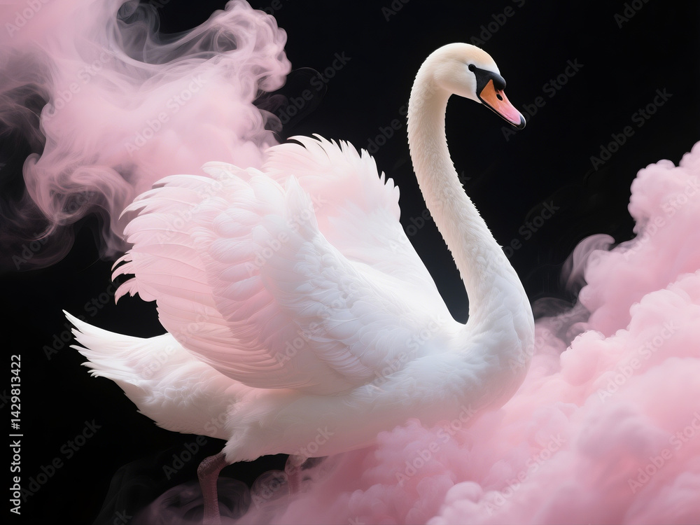 Obraz premium White swan with pink clouds, ethereal atmosphere, dramatic lighting, black background, graceful pose, feathered wings, smoke effect, dreamlike, surreal, elegant