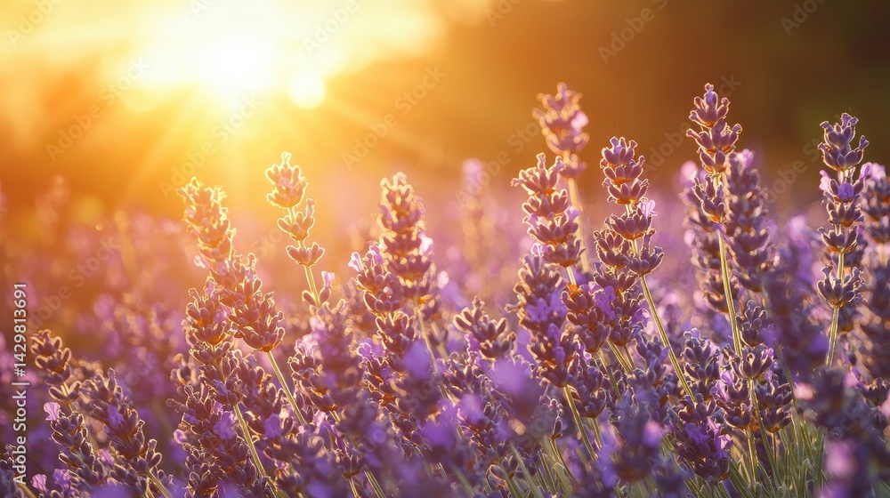 Naklejka premium Lavender field bathed in golden sunset light.