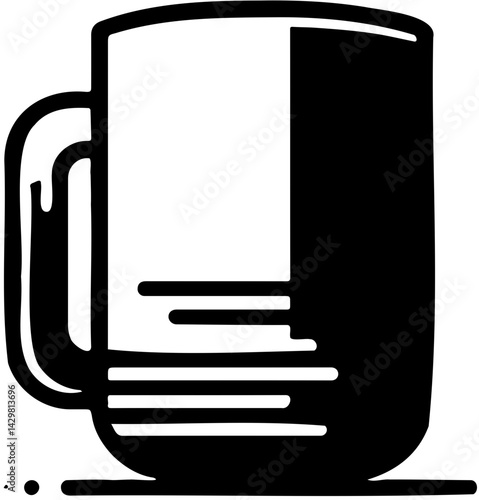 Stylized black and white mug with a left-side handle and horizontal lines near the base, ideal for branding, icons, or kitchen designs.
