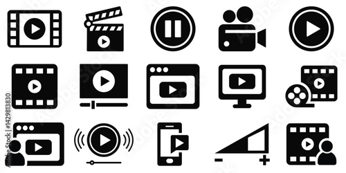 Multimedia Video Icon Set – Play, Pause, Camera, Streaming, Cinema, and Production Symbols in Solid & Outline Style