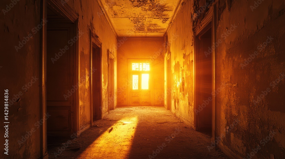 Fototapeta premium A spectral corridor bathed in golden light: an exploration of decay