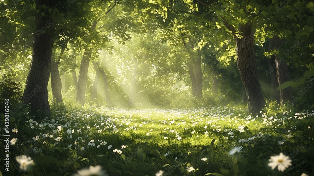 Sunlit Forest Meadow: A Serene Spring Landscape Painting Sunlit Forest Meadow: A Serene Spring Landscape Painting