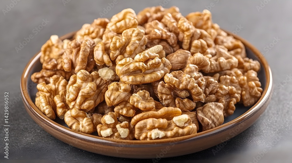 Closeup of Walnuts in Brown Bowl Healthy Snack Food Closeup of Walnuts in Brown Bowl Healthy Snack Food