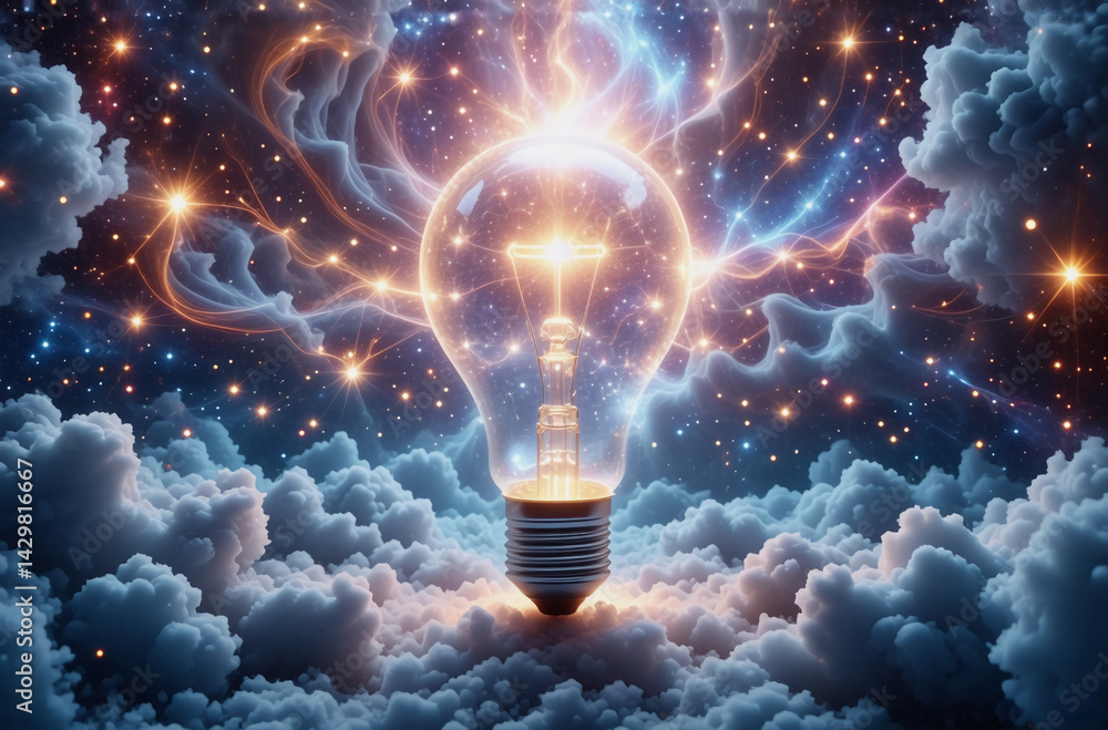 A luminous lightbulb radiates bright energy, positioned amidst soft clouds against a backdrop of a sparkling, star-filled sky. A conceptual representation of ideas and illumination. A luminous lightbulb radiates bright energy, positioned amidst soft clouds against a backdrop of a sparkling, star-filled sky. A conceptual representation of ideas and illumination.