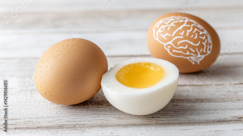 An overhead shot of 2 whole and 1 sliced boiled egg on a wooden surface. One egg has a brain drawing. Healthy food for brain health.