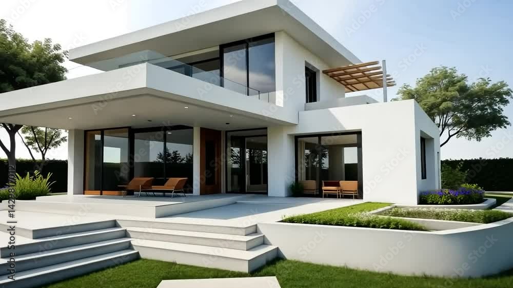 Architecture 3d rendering illustration of modern minimal house on white background Architecture 3d rendering illustration of modern minimal house on white background
