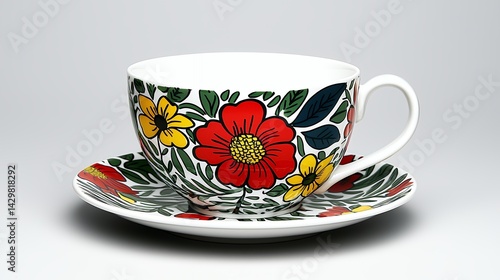 Vibrant Floral Teacup and Saucer Set on White Background