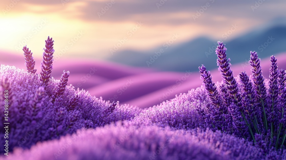 Obraz premium Radiant, vibrant lavender field at sunrise, showcasing rolling hills.