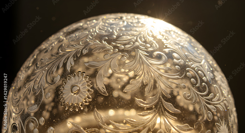 Ornate Etched Glass Dome Reflecting Light And Exhibiting Delicate Floral Patterns Ornate Etched Glass Dome Reflecting Light And Exhibiting Delicate Floral Patterns