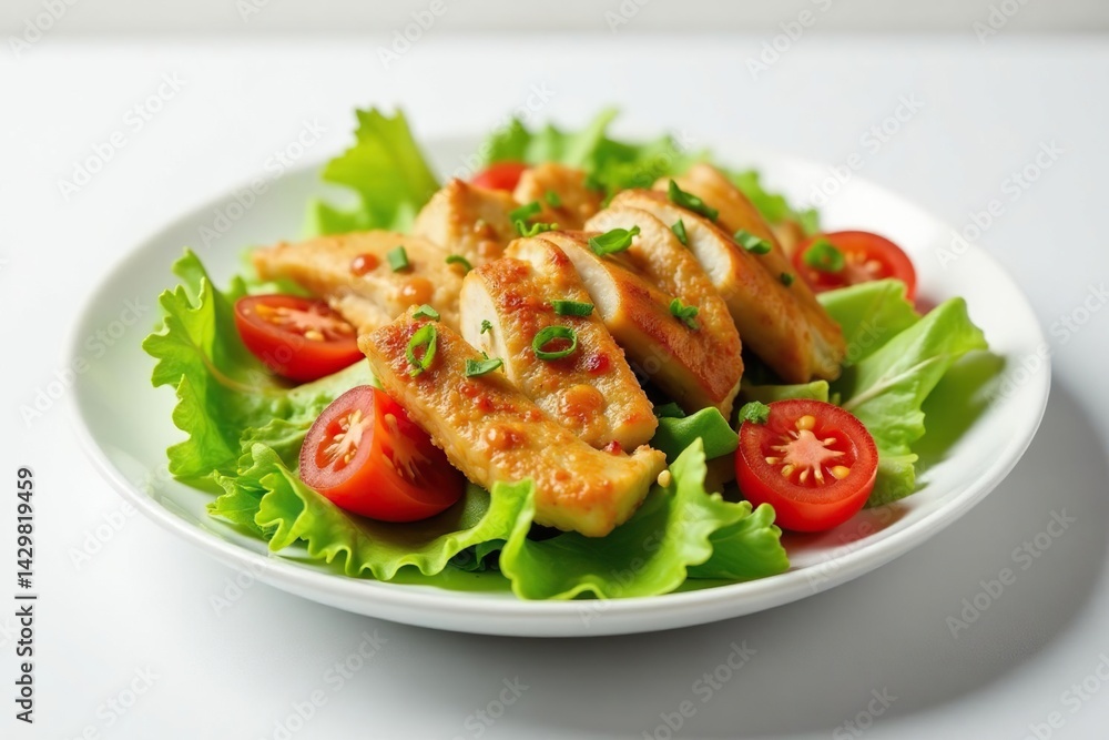 Fresh salad with grilled chicken, dressing, white backdrop , nutritious, isolated, diet Fresh salad with grilled chicken, dressing, white backdrop , nutritious, isolated, diet