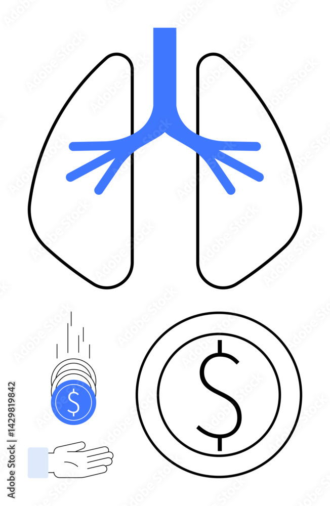 Simplified lungs with branching airways, hand catching falling coins, large dollar coin. Ideal for healthcare, funding, investment, medical finance, charity, health cost simple landing page Simplified lungs with branching airways, hand catching falling coins, large dollar coin. Ideal for healthcare, funding, investment, medical finance, charity, health cost simple landing page