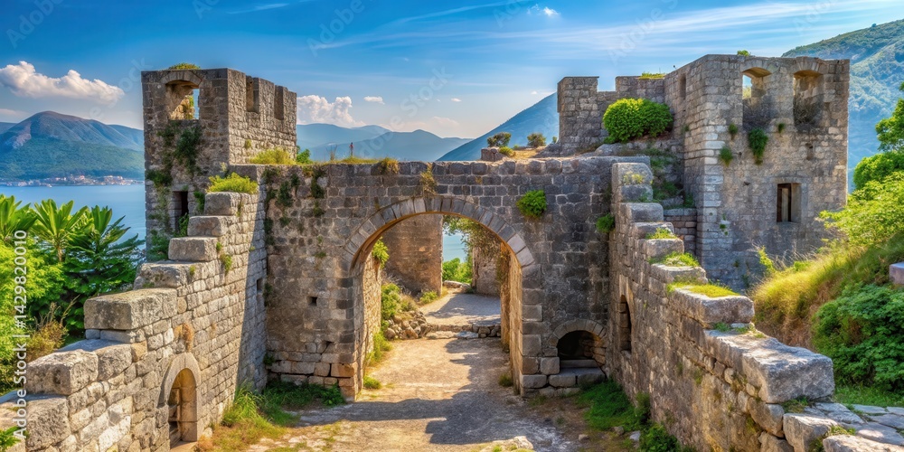 Obraz premium Ancient stone walls and gates of old fort in Herceg Novi, ruins, old fort, ruins,old fort, gatehouse