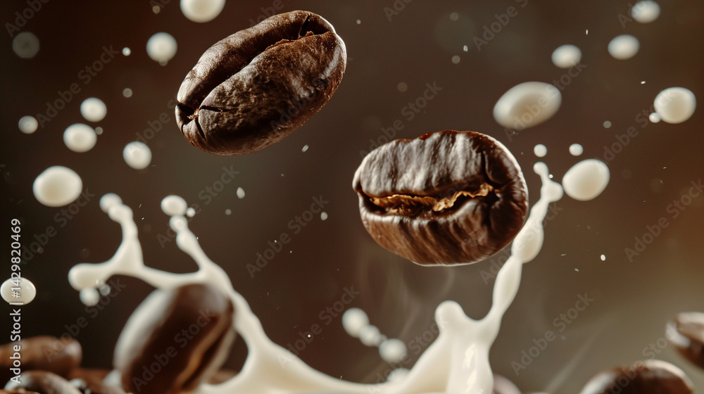 Roasted coffee beans dropping into fresh milk with dramatic splash in high-speed macro shot Roasted coffee beans dropping into fresh milk with dramatic splash in high-speed macro shot