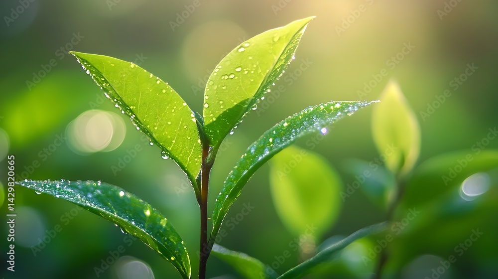 Fototapeta premium Green Plant Leaves with Water Droplets in Sunlight - Nature Close-up
