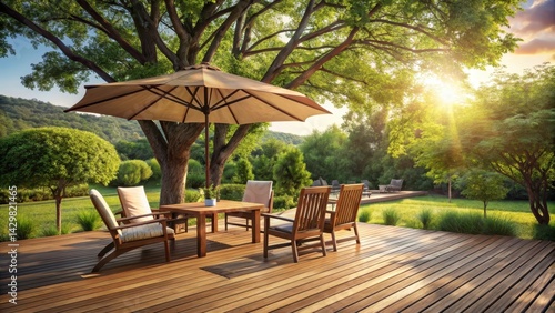 A serene summer afternoon with a wooden patio featuring outdoor seating and a large sun umbrella providing shade from the bright sun overhead, wooden patio furniture, tree leaves