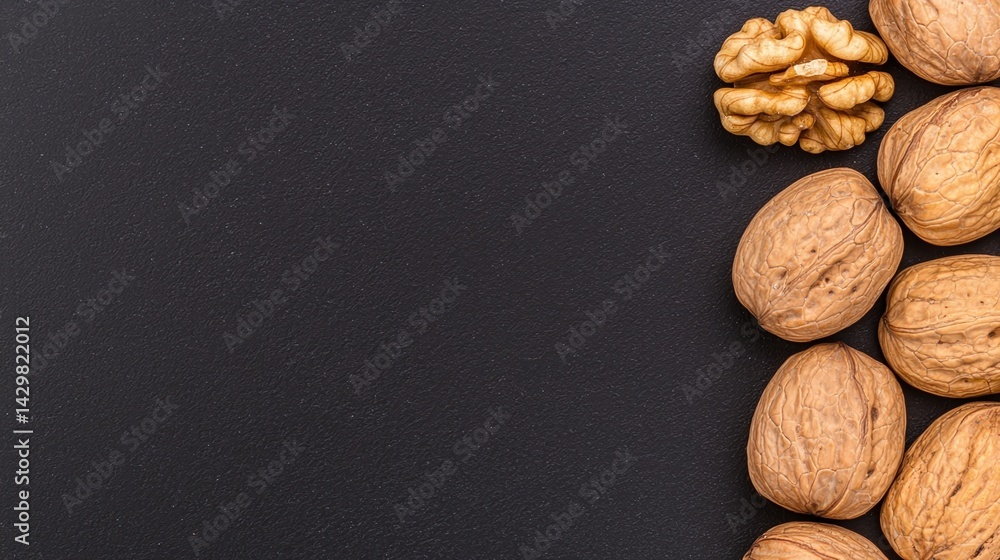 A collection of walnuts arranged on a dark surface, showcasing their natural texture and shapes. A collection of walnuts arranged on a dark surface, showcasing their natural texture and shapes.