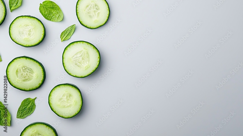 Fresh cucumber slices and mint leaves arranged on a light background, showcasing a healthy and vibrant aesthetic.