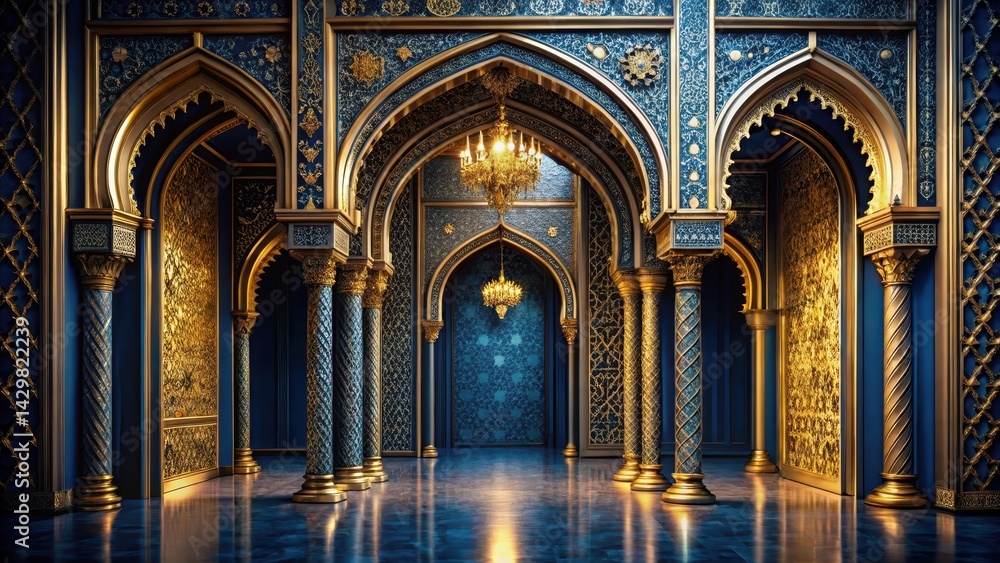 Fototapeta premium Mysterious golden arches at the entrance of a majestic dark blue palace interior with intricate carvings and ornate details , palace, mysterious