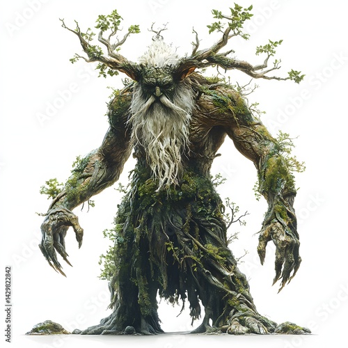 Majestic tree ent, ancient guardian of the forest, stands tall. Bark-covered and moss-adorned, it embodies nature's strength. Mythical creature isolated on a white background.
